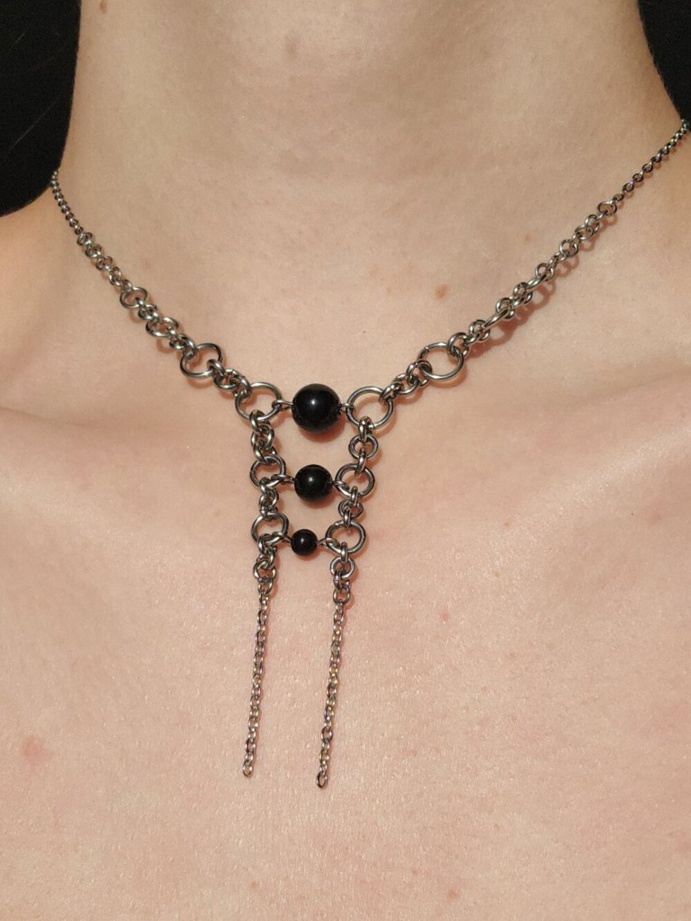 Gothic obsidian unique silver double rosary necklace